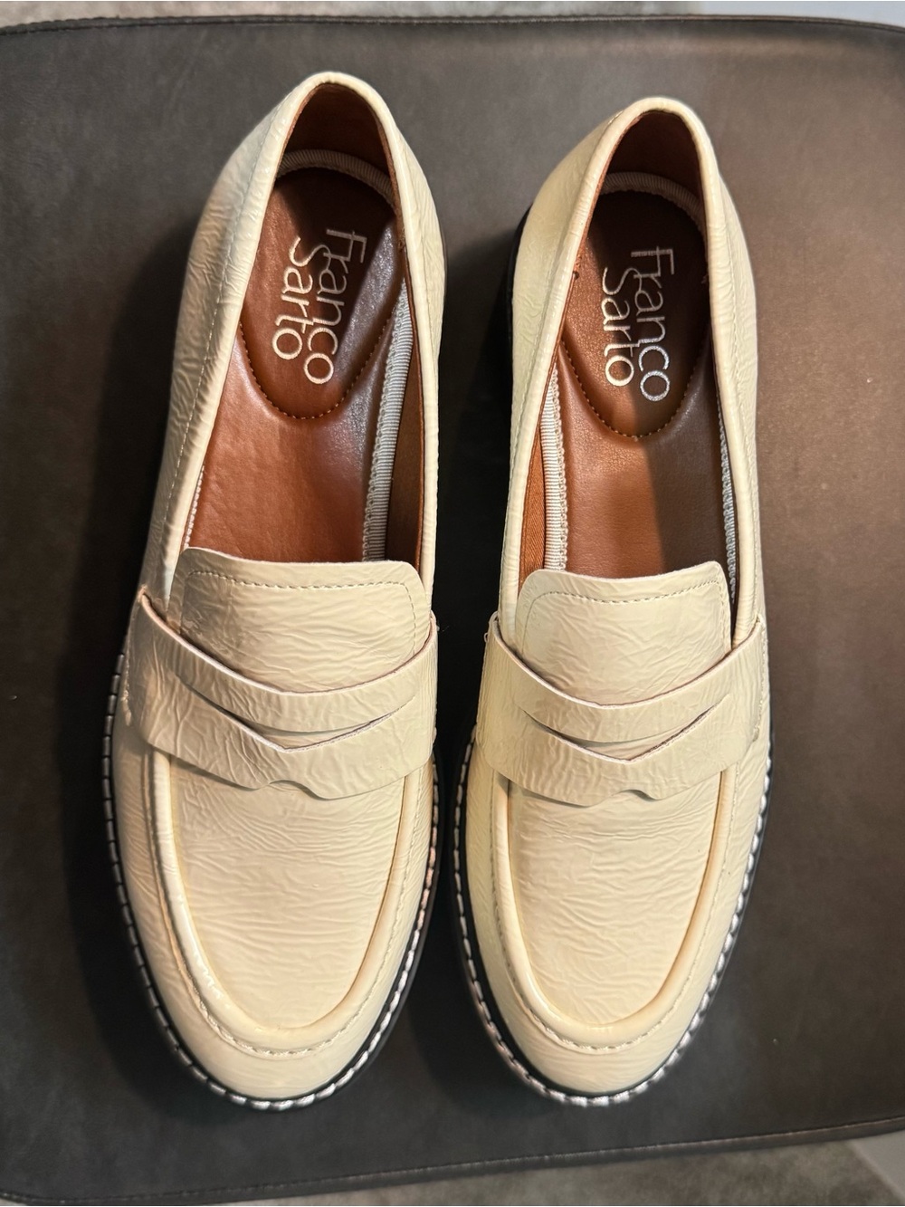 Franco Sarto ( Unisex )Cream Leather Penny Loafers with Contrast Sole